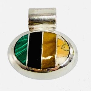Vtg Sterling Silver 925 Malachite Onyx Multi Stone Pendant Silverworld India